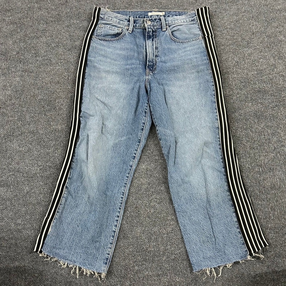 Levi's Ribcage Straight Jeans Womens Size 30 Blue Hemp Blend Side Stripe Raw Hem